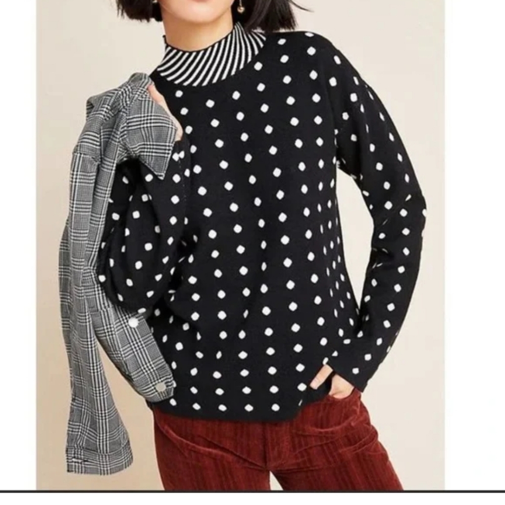 Anthropologie Black & White Polka Dot & Stripes Mock Turtleneck Sweater XS